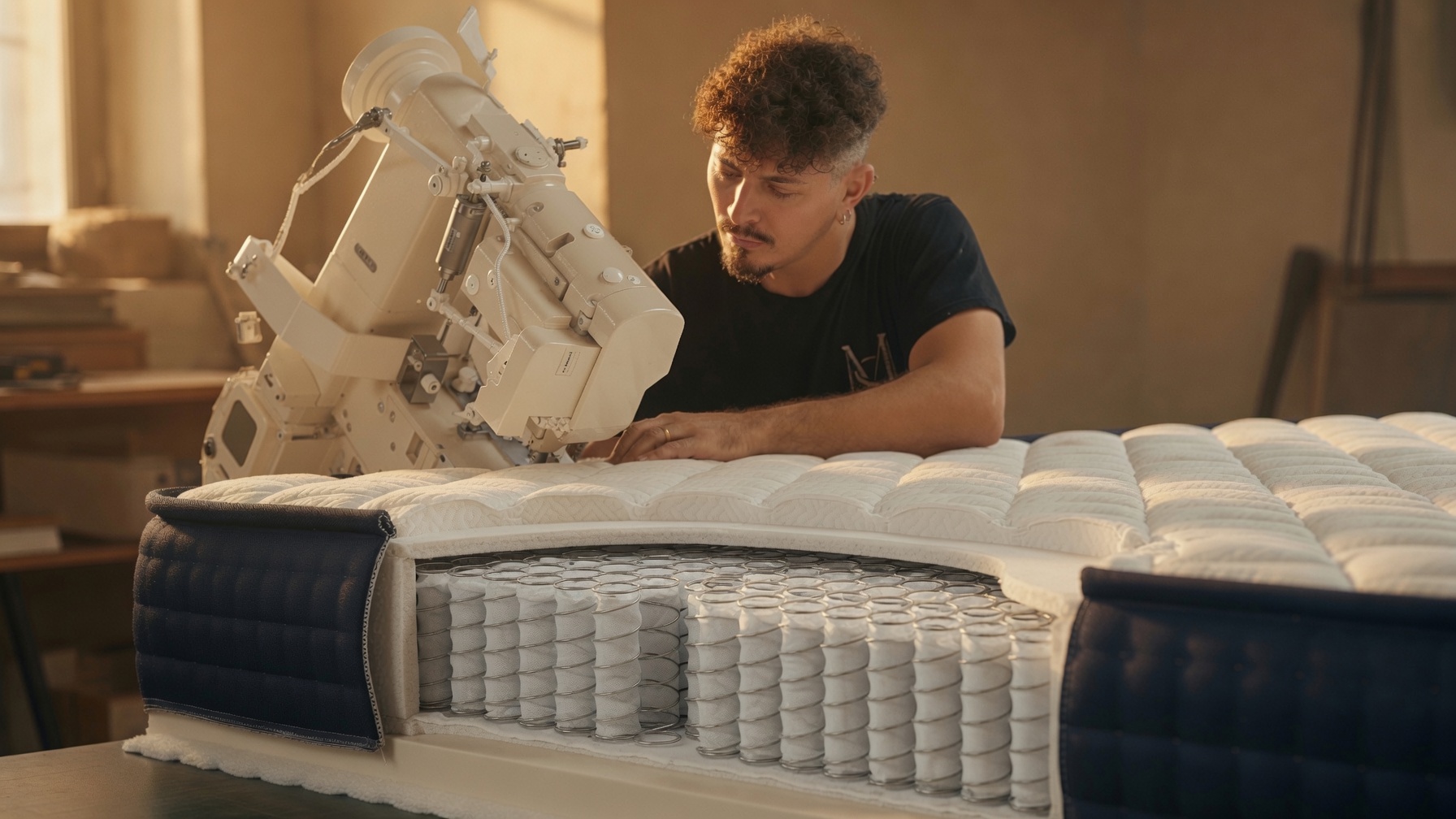 Artigiano che assembla a mano le molle insacchettate di un materasso